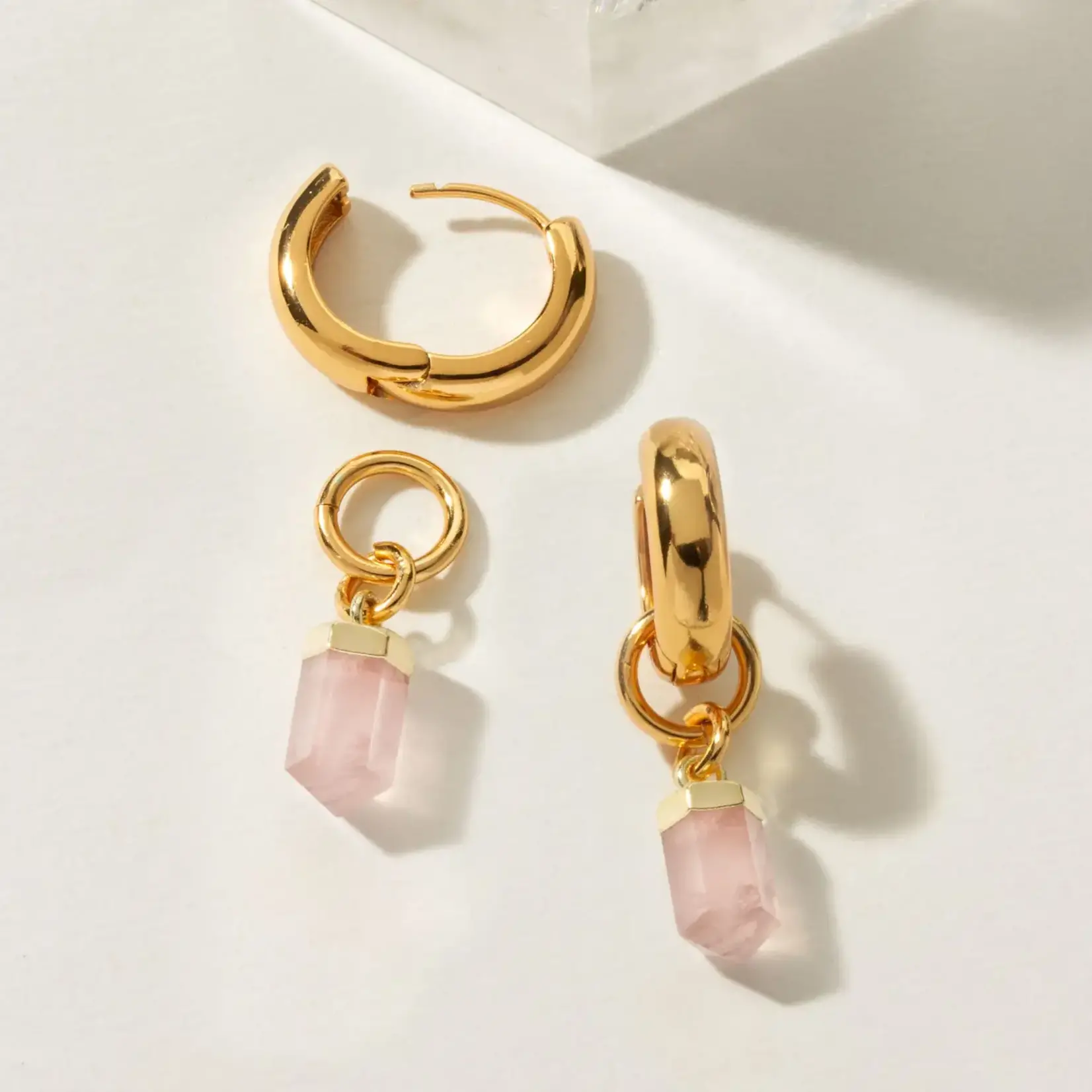 Luna Norte Straight to the Point Interchangeable Rose Quartz Huggies · 14K Gold Plating