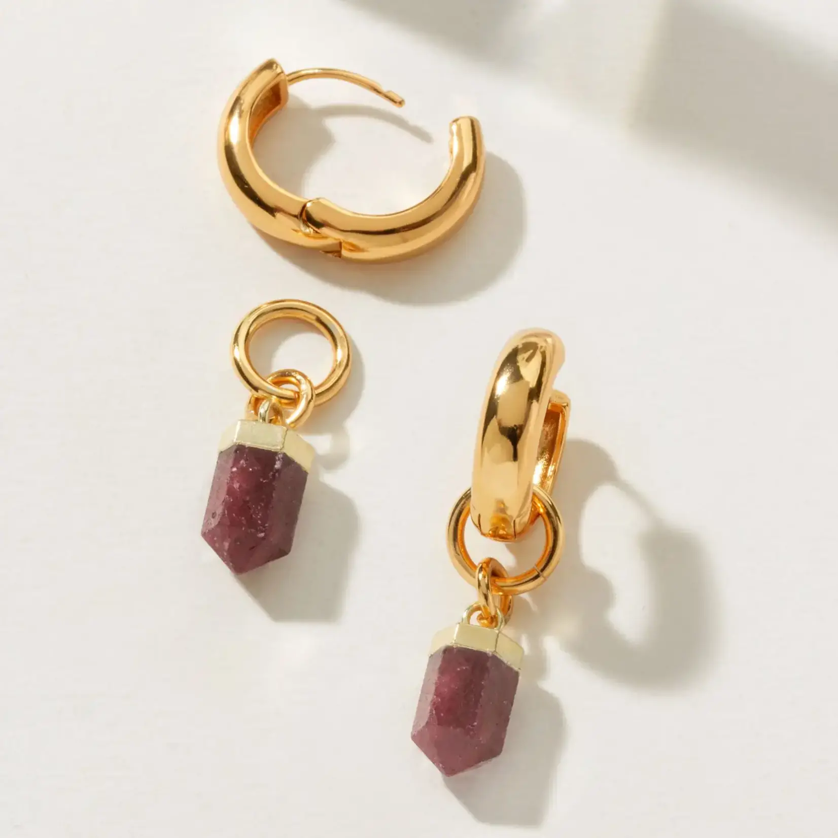 Straight to the Point Interchangeable Ruby Huggies · 14K Gold Plating