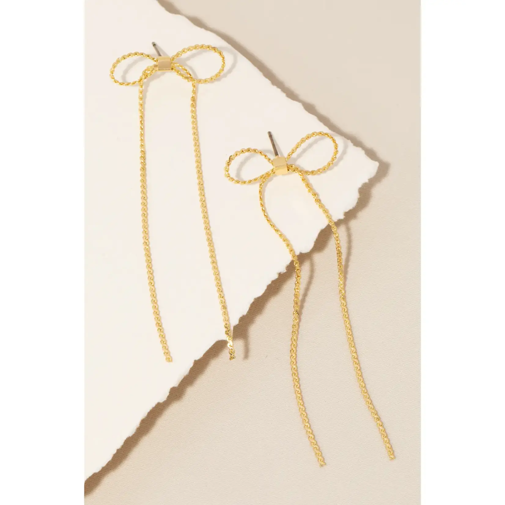 Anarchy Street Long Dainty Metallic Ribbon Bow Stud Dangle Earrings · Gold