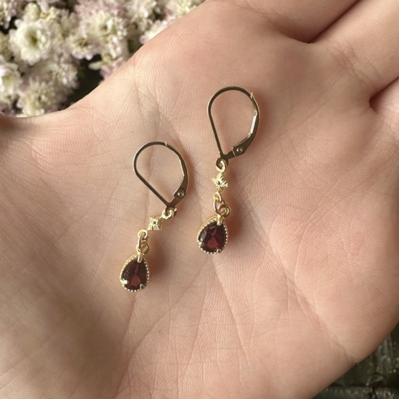 Rhodolite Garnet Earrings  · Tear Shaped w/Flower · 18K Gold Vermeil