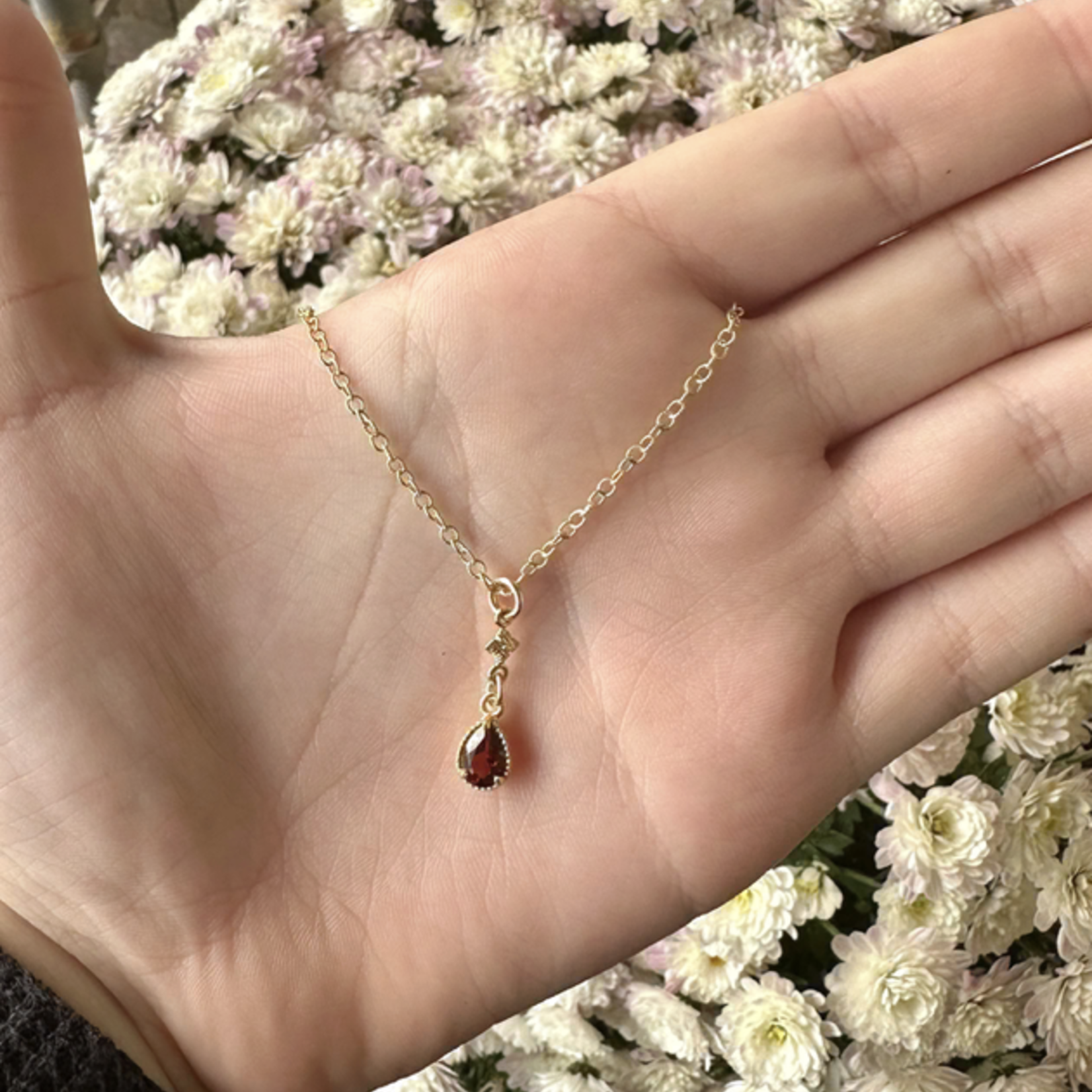 *Garnet Necklace · Tear Shaped w/Flower · 18K Gold Vermeil
