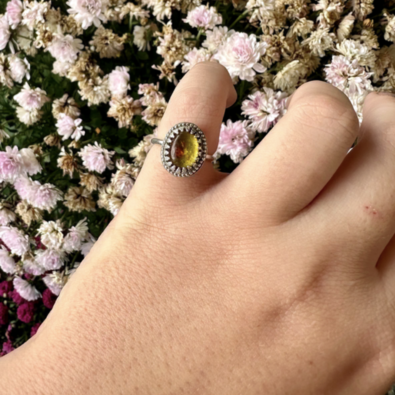 Oval Amber Ring · Sterling Silver ·