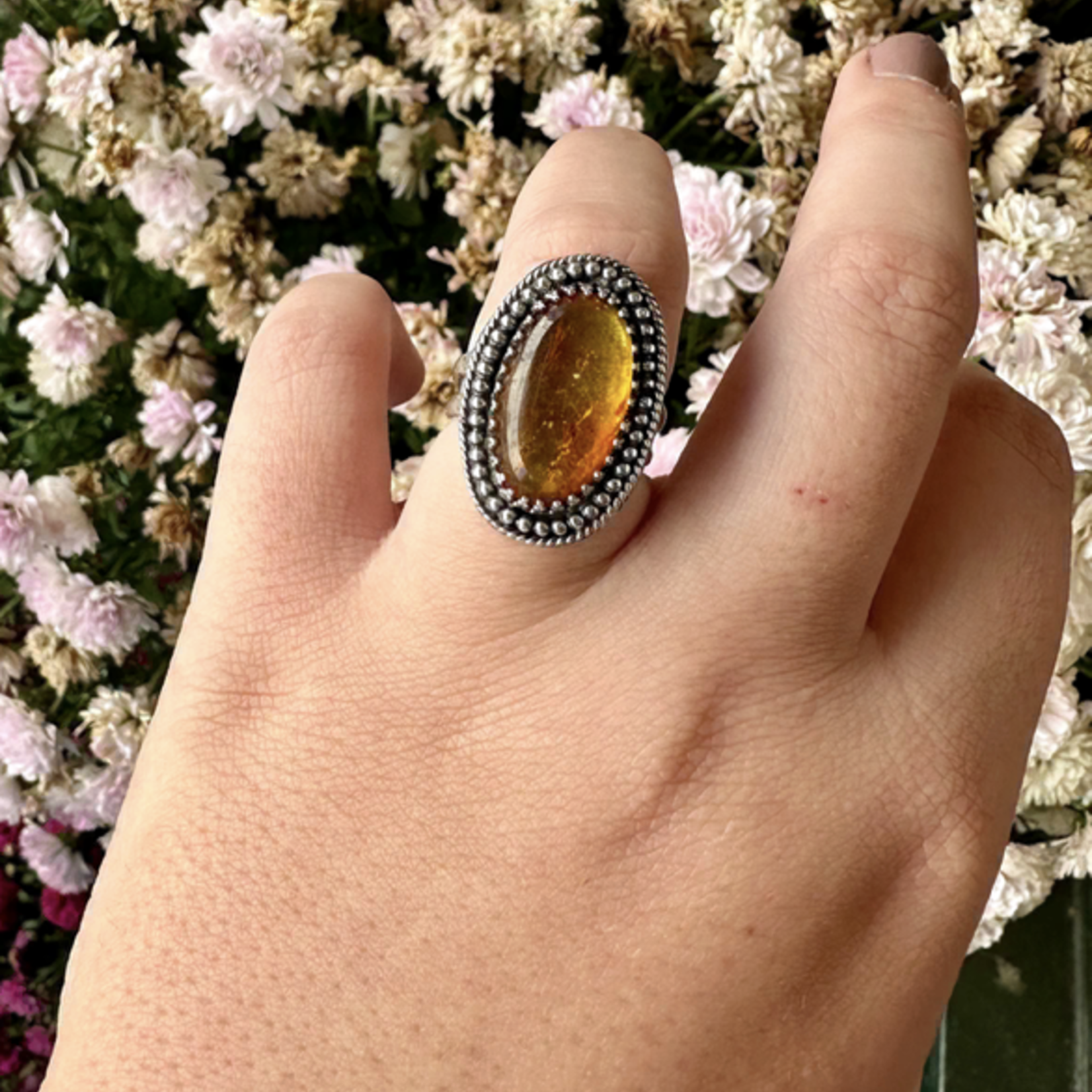 Oval Amber Ring · Sterling Silver ·