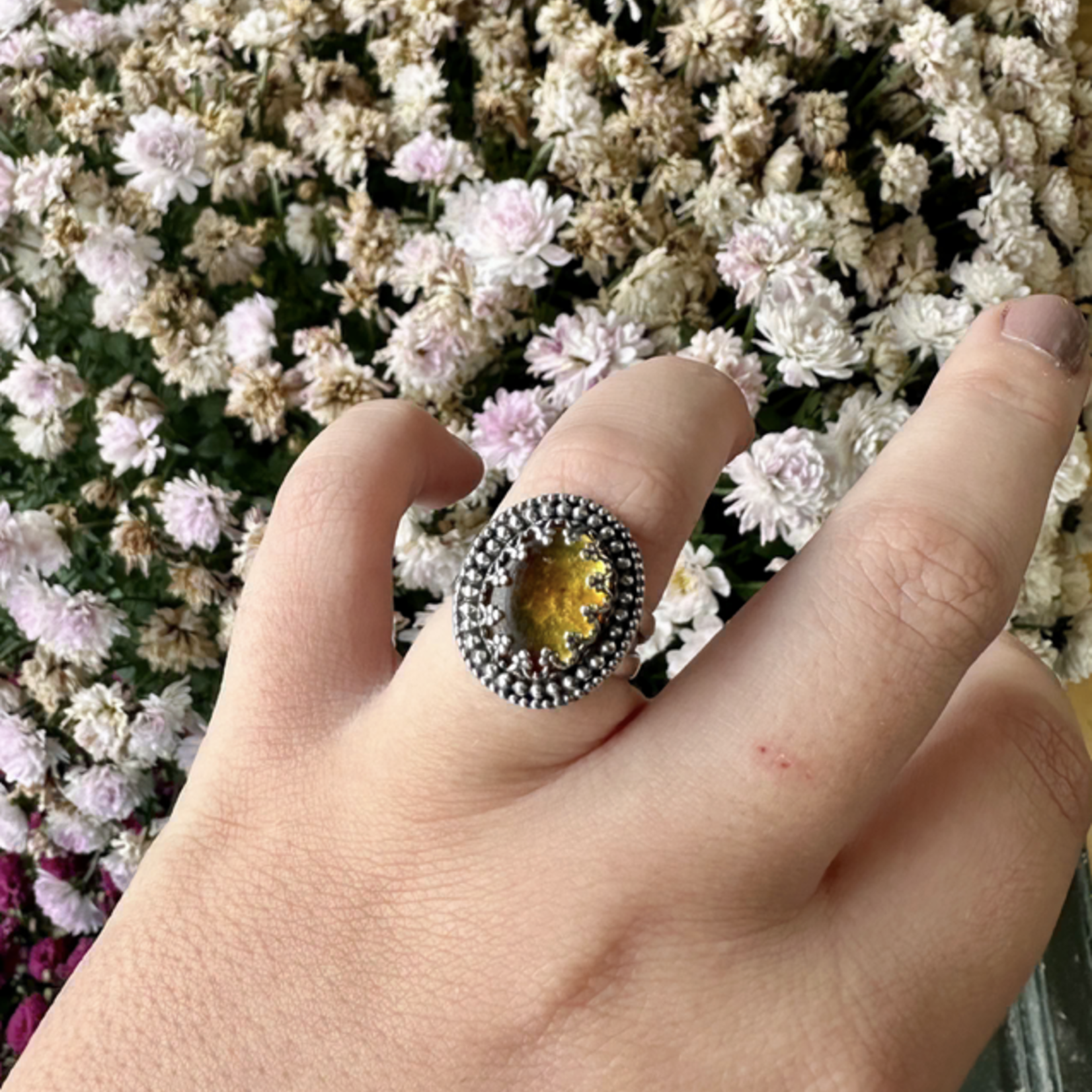 Oval Amber Ring · Sterling Silver ·