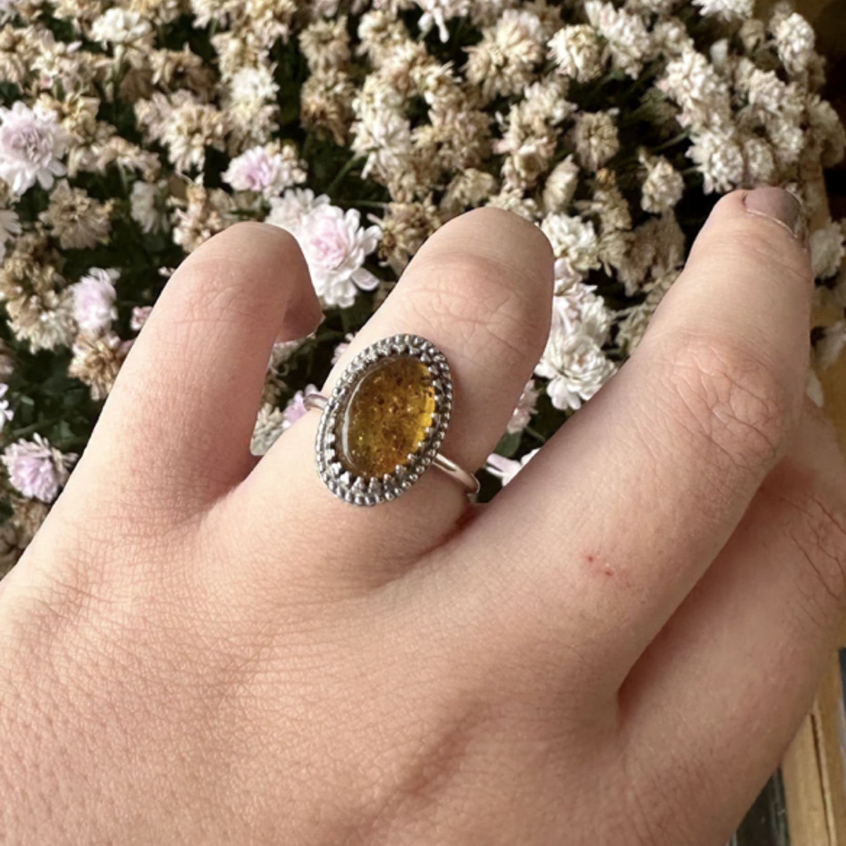 Oval Amber Ring · Sterling Silver ·