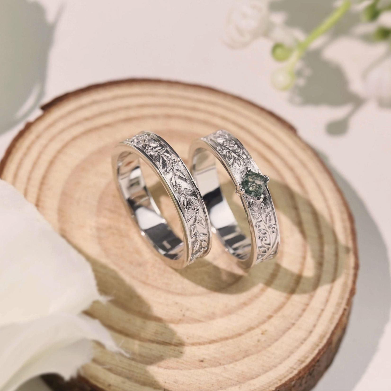 *Oakleaf Moss Agate Ring · White Gold Vermeil ·