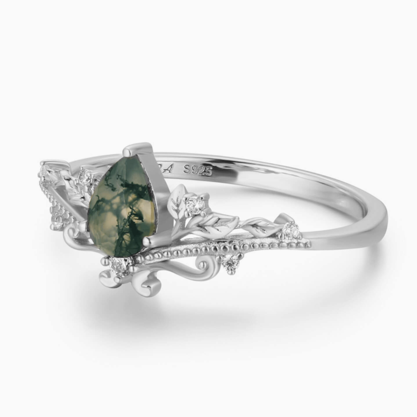 Lotus Moss Agate Ring · White Gold Vermeil ·