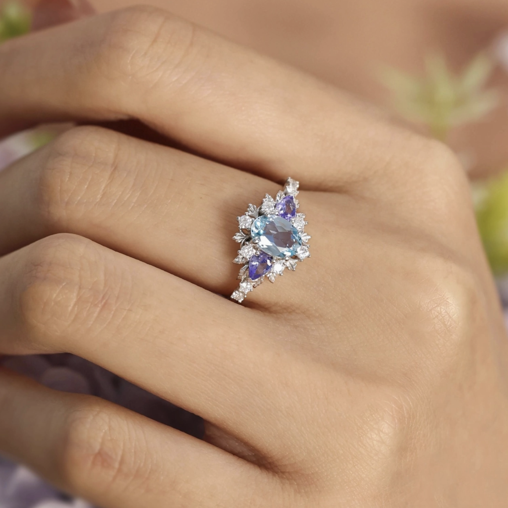 *Dahlia Aquamarine Tanzanite Ring · White Gold Vermeil · 7