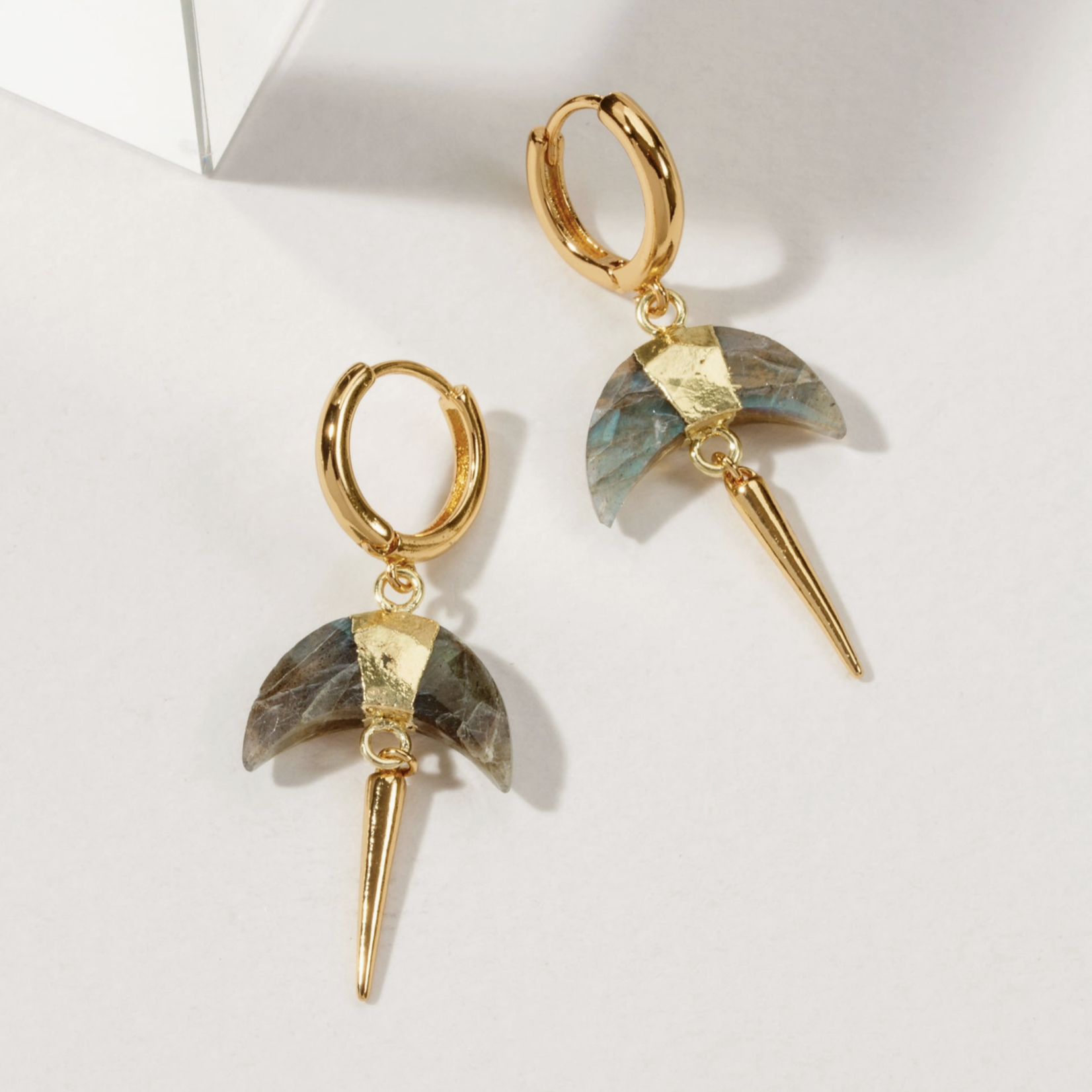 Crescent Horn Spike Labradorite Huggies · 14K Gold Plating