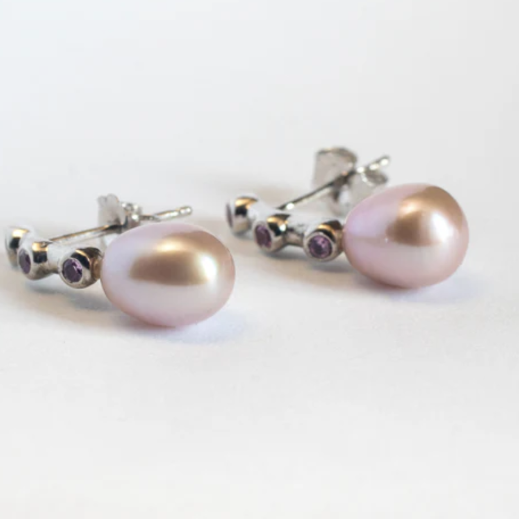 Pearl & Pink Sapphire Earrings · 18K White Gold