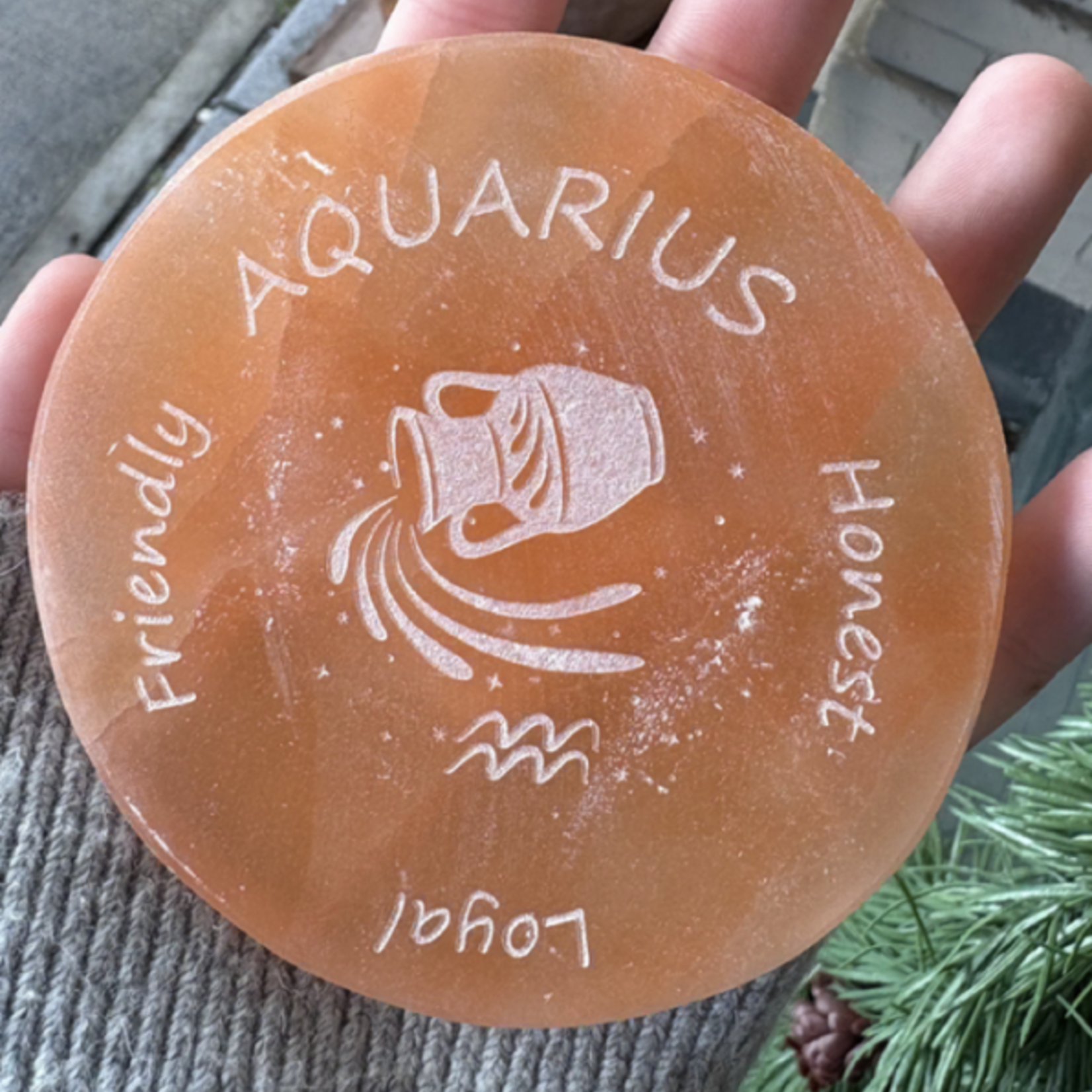 Zodiac Sign | Peach Selenite Disc | 95-100mm | Aquarius