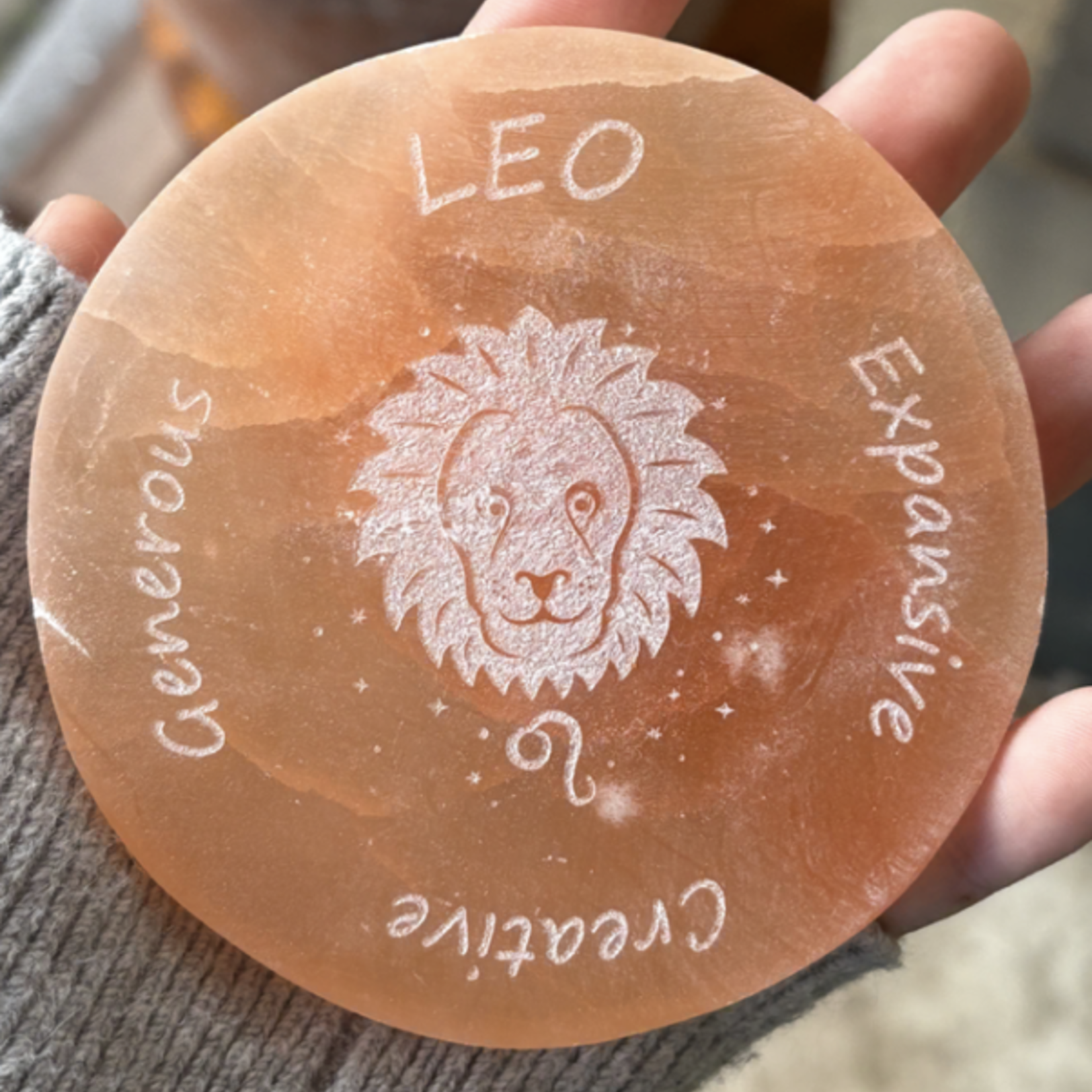 Zodiac Sign | Peach Selenite Disc | 95-100mm | Leo