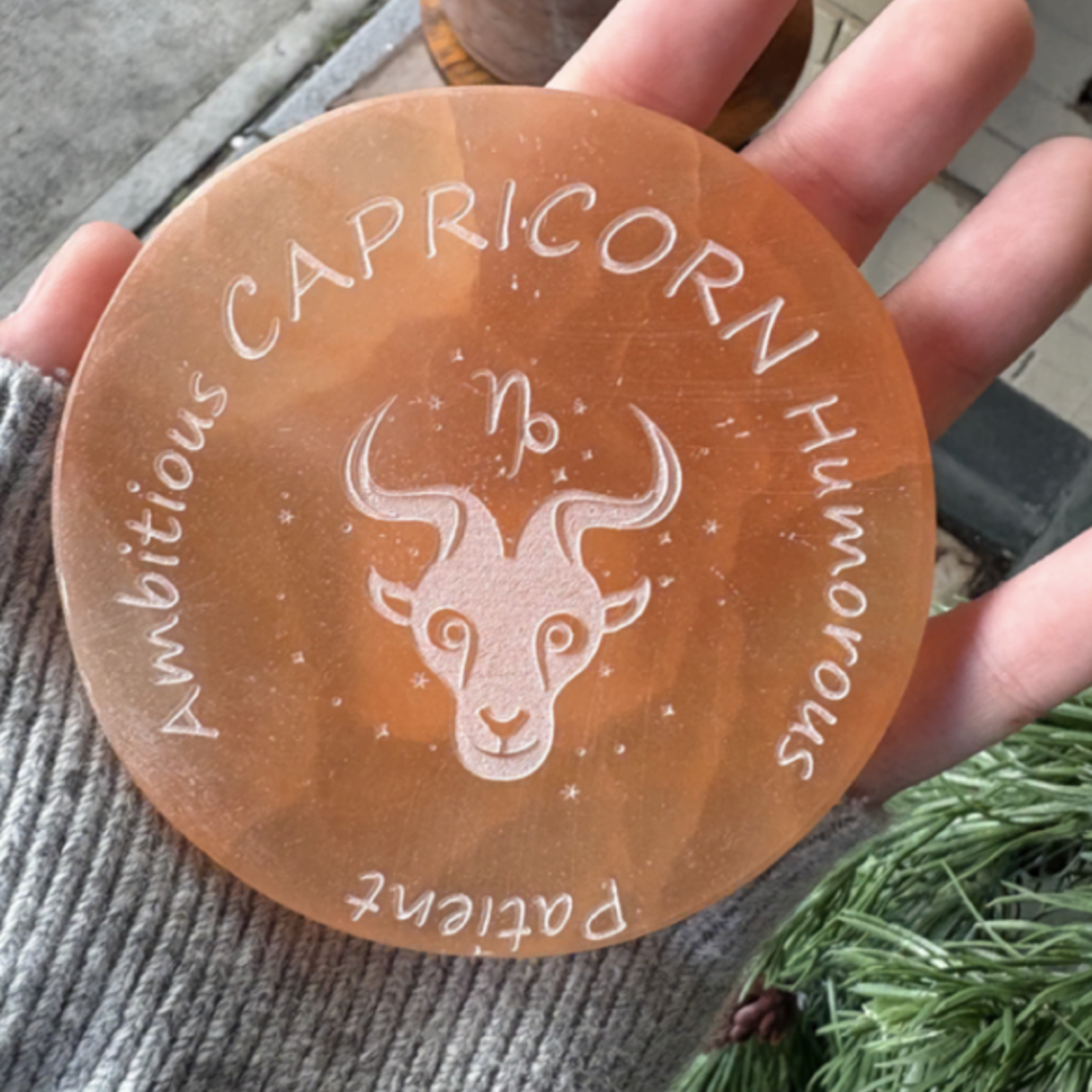 Zodiac Sign | Peach Selenite Disc | 95-100mm | Capricorn