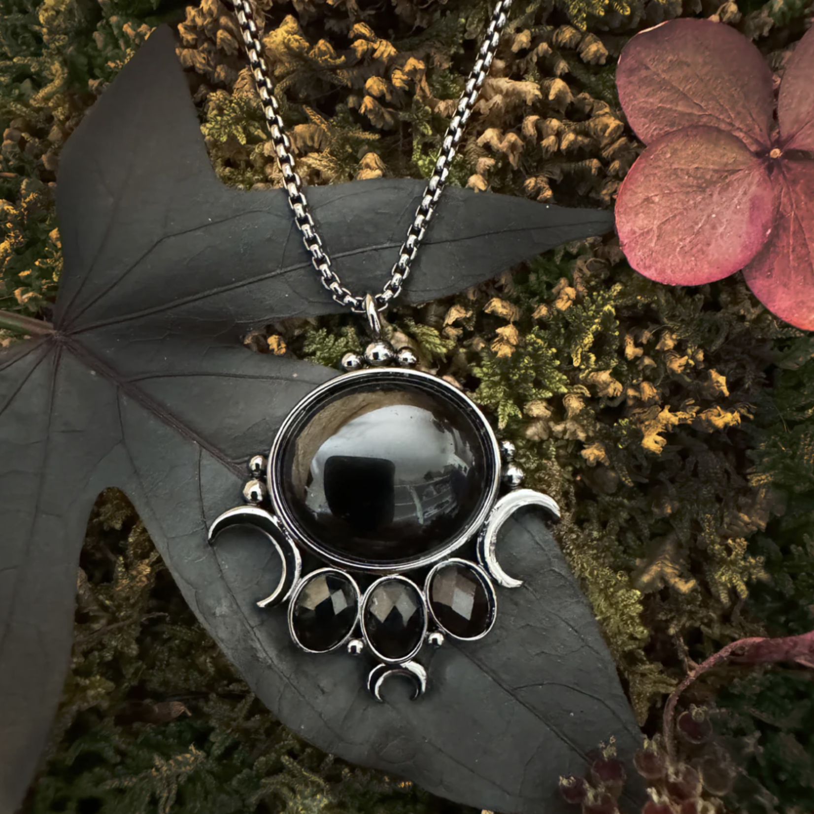 *The Priestess Necklace with Obsidian · Hematite Plating