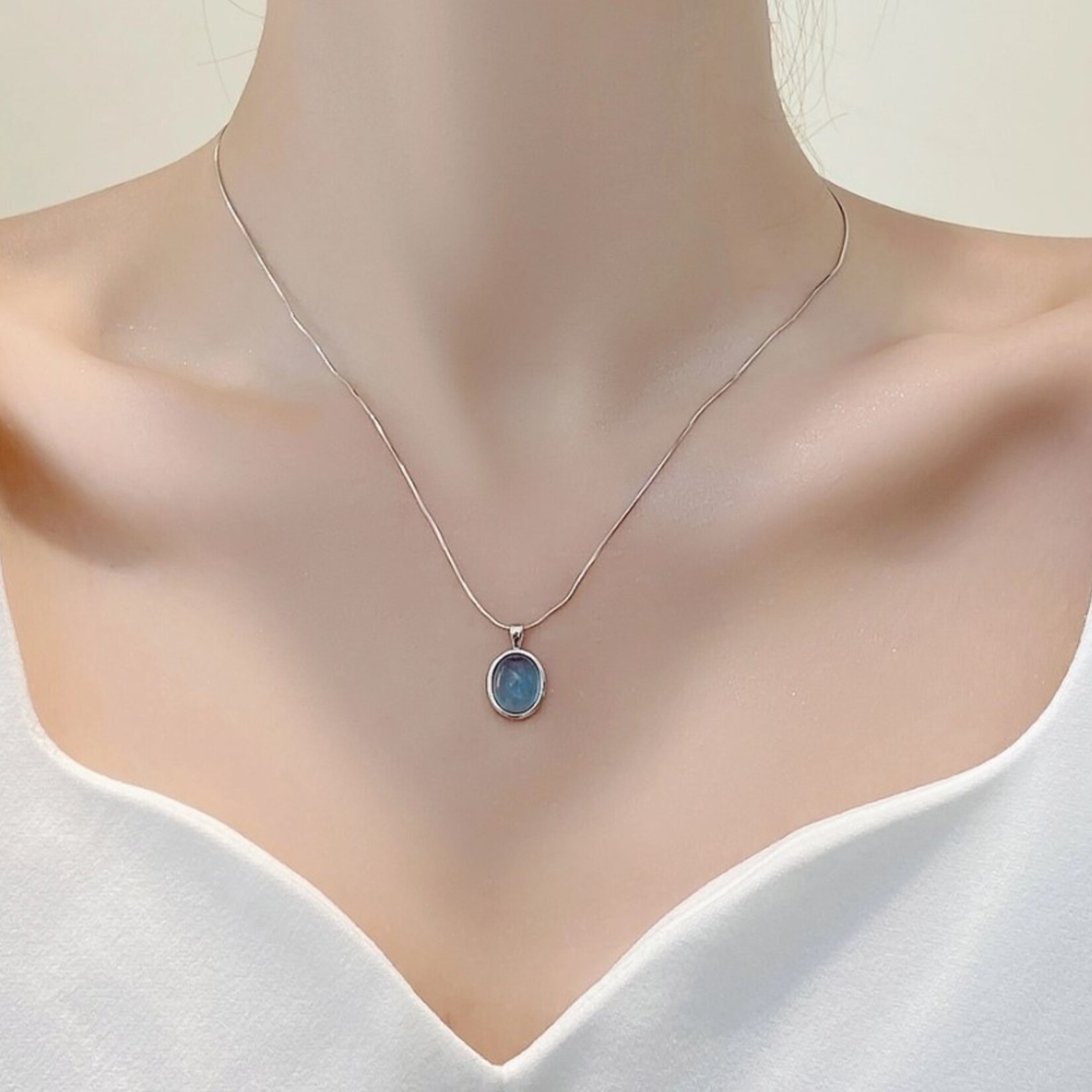 Happyzzzsu Natural Sapphire Aquamarine Herringbone Necklace · Silver