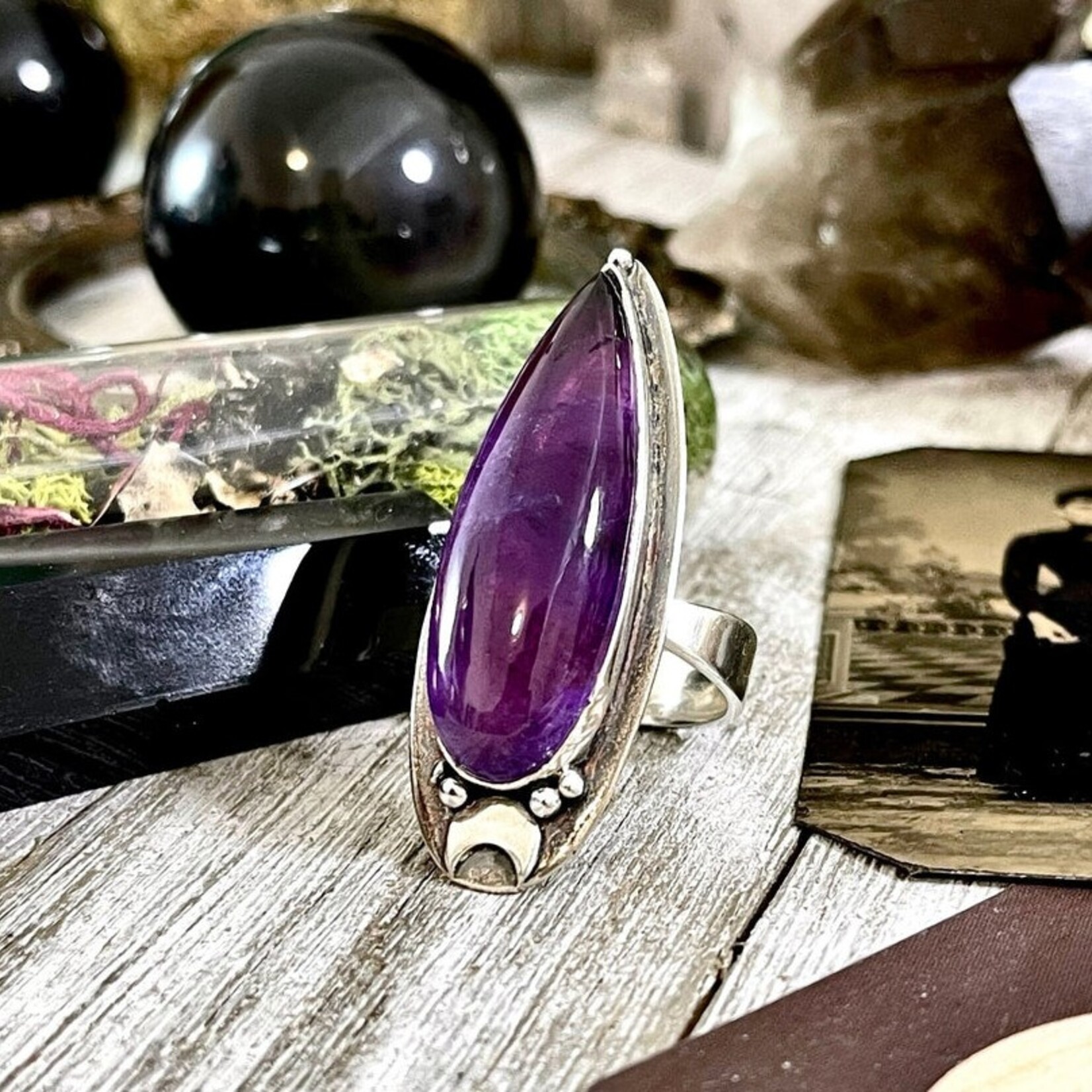 *Foxlark Crystal Jewelry *Amethyst Magic Moon Ring · Sterling Silver · Adjustable