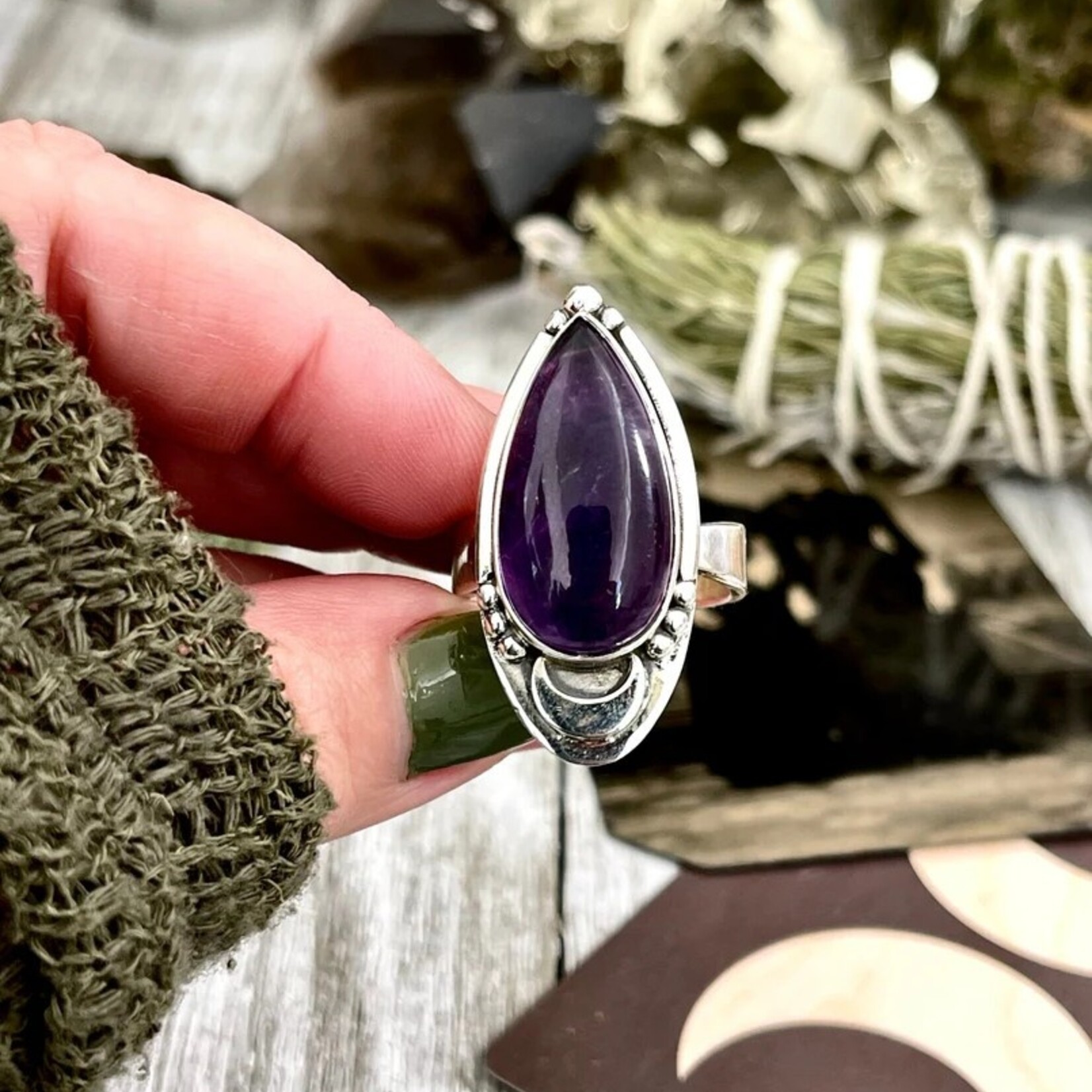 *Foxlark Crystal Jewelry *Amethyst Midnight Moon Ring · Sterling Silver · Adjustable
