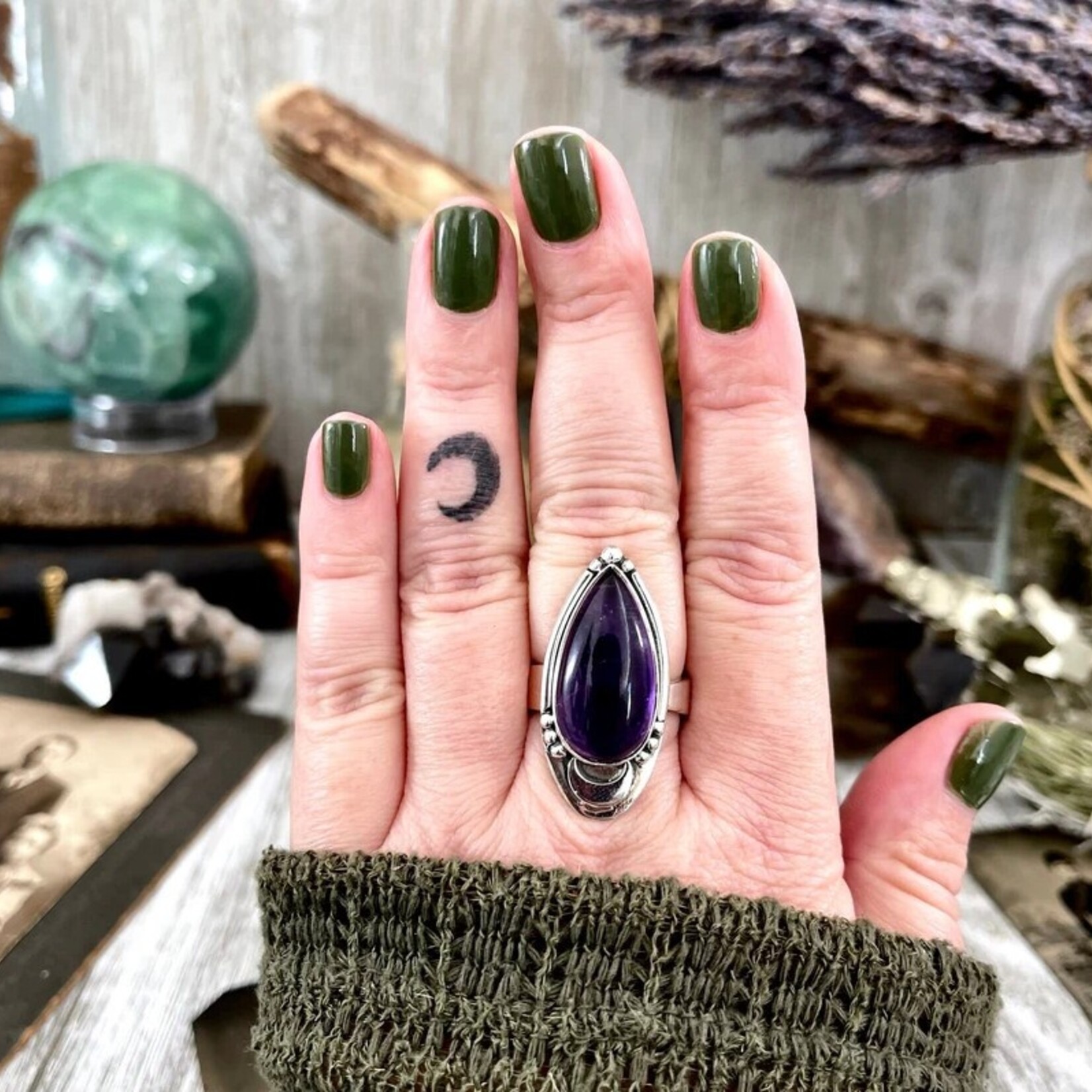 *Foxlark Crystal Jewelry *Amethyst Midnight Moon Ring · Sterling Silver · Adjustable