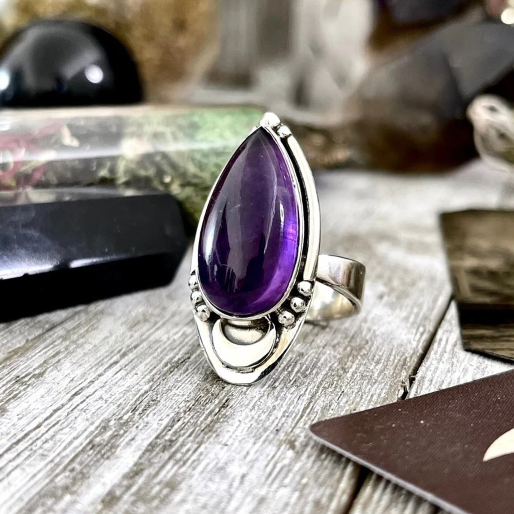 *Foxlark Crystal Jewelry *Amethyst Midnight Moon Ring · Sterling Silver · Adjustable