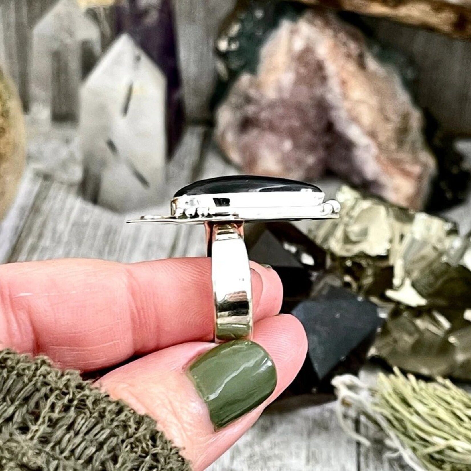 *Foxlark Crystal Jewelry *Black Obsidian Midnight Moon Ring · Sterling Silver · Adjustable