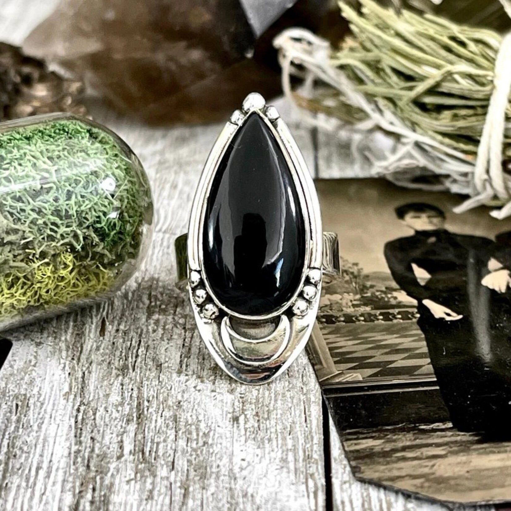 *Foxlark Crystal Jewelry *Black Obsidian Midnight Moon Ring · Sterling Silver · Adjustable