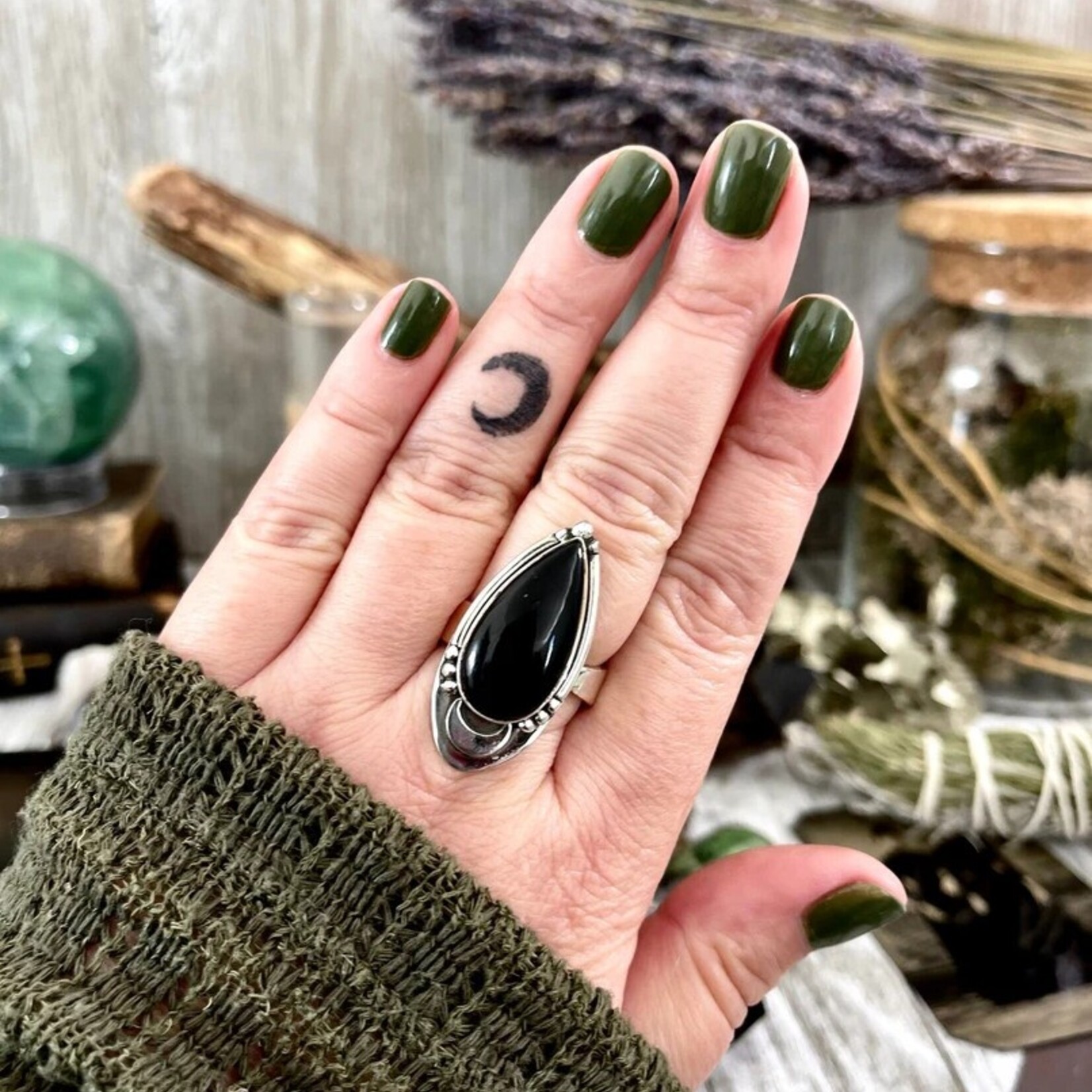 *Foxlark Crystal Jewelry *Black Obsidian Midnight Moon Ring · Sterling Silver · Adjustable