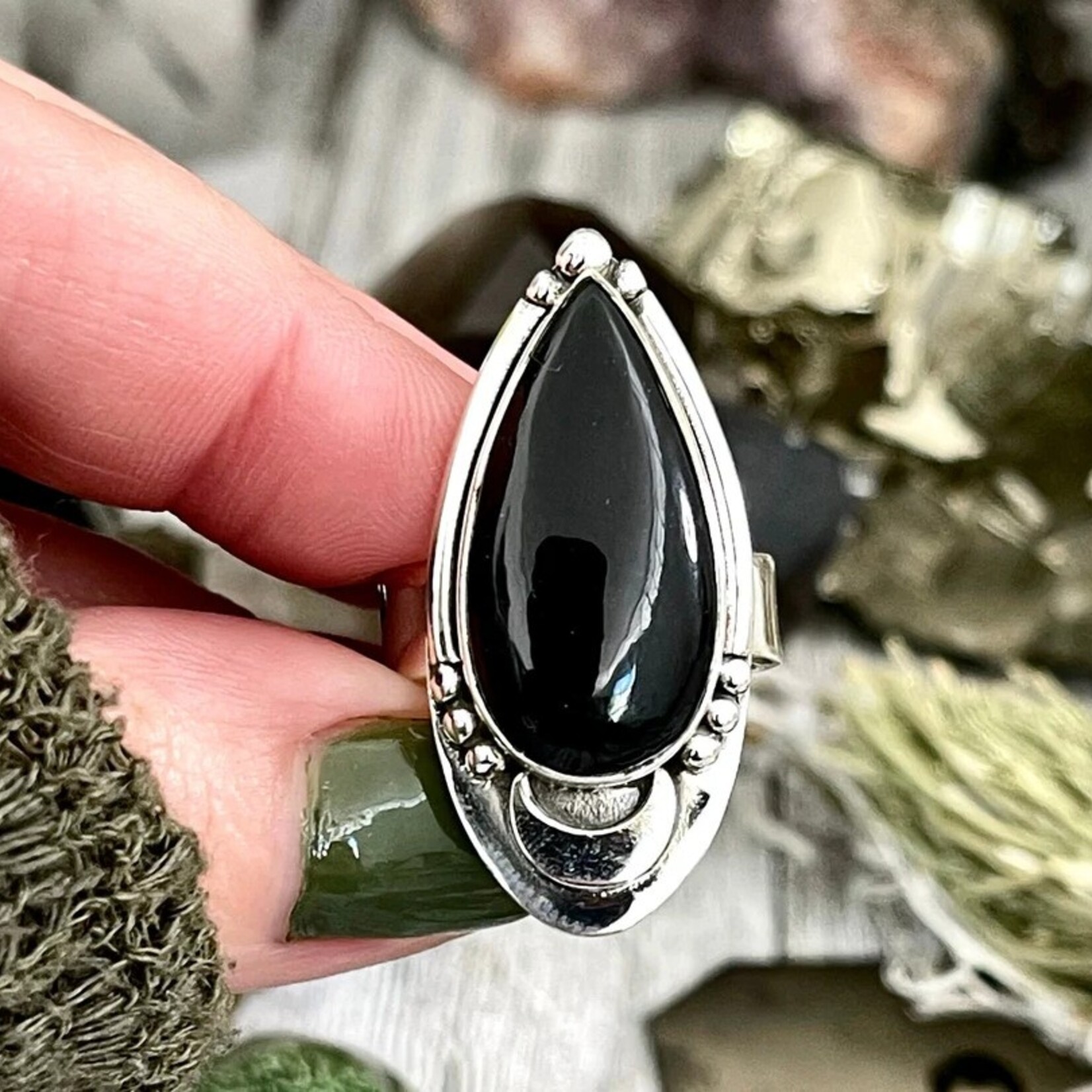 *Foxlark Crystal Jewelry *Black Obsidian Midnight Moon Ring · Sterling Silver · Adjustable