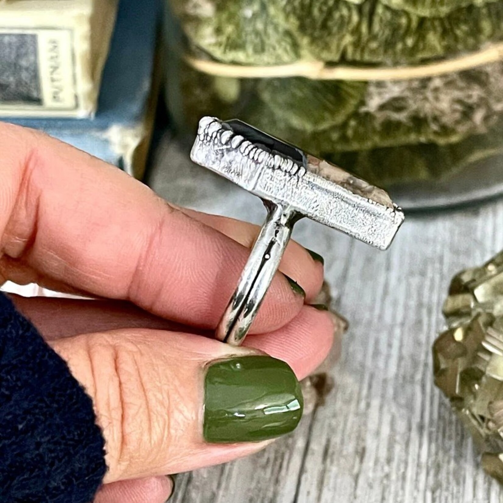 *Foxlark Crystal Jewelry Black Stone Ring Fossilized Palm Root Coffin Jewelry · Sterling Silver ·