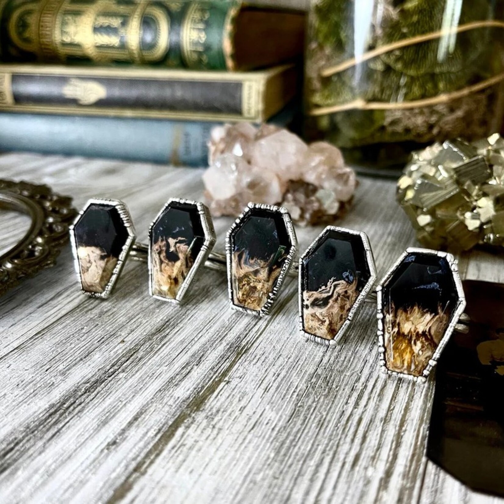 *Foxlark Crystal Jewelry Black Stone Ring Fossilized Palm Root Coffin Jewelry · Sterling Silver ·