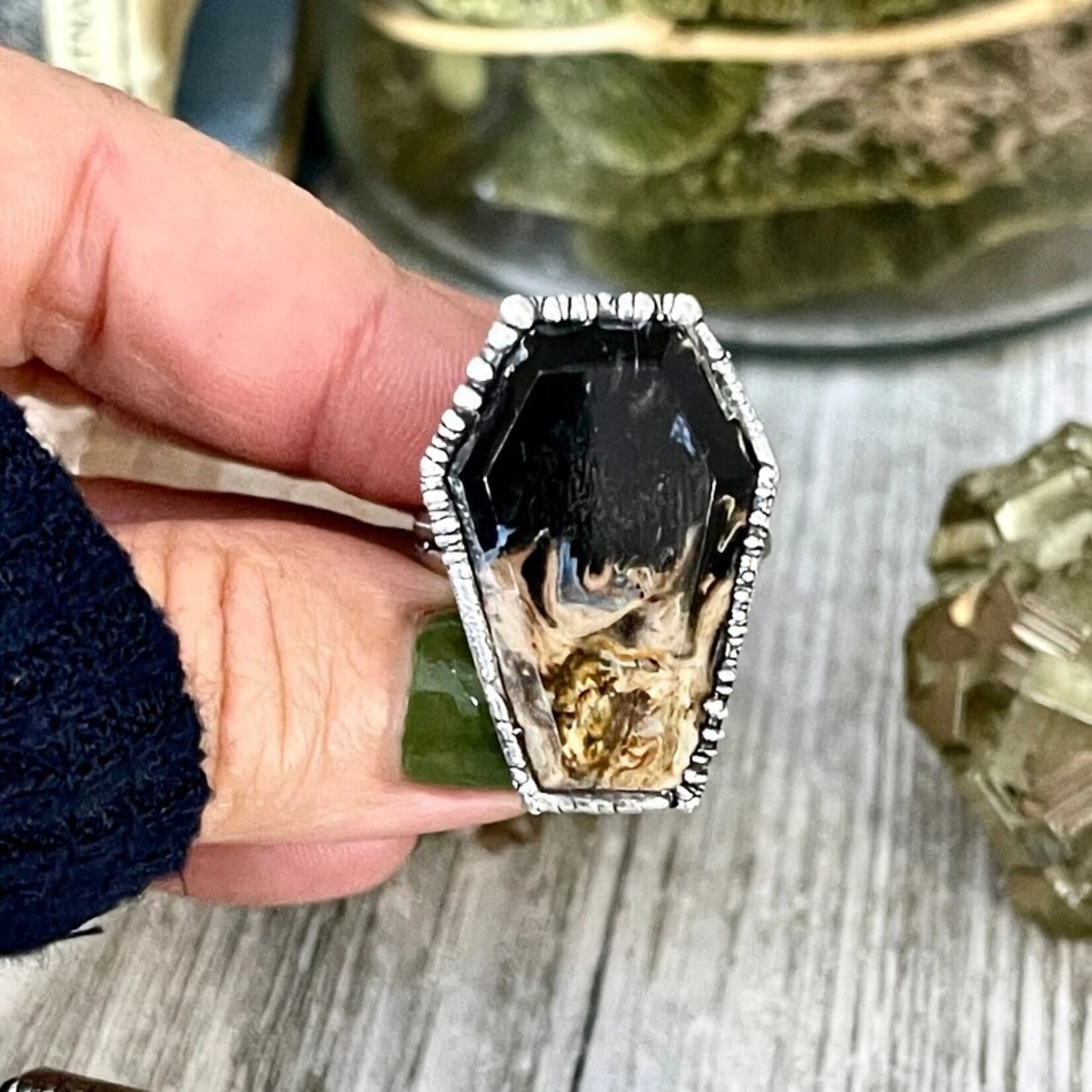 *Foxlark Crystal Jewelry Black Stone Ring Fossilized Palm Root Coffin Jewelry · Sterling Silver ·