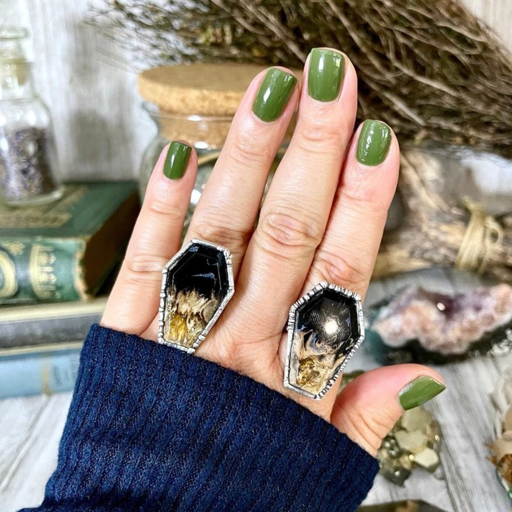 *Foxlark Crystal Jewelry Black Stone Ring Fossilized Palm Root Coffin Jewelry · Sterling Silver ·