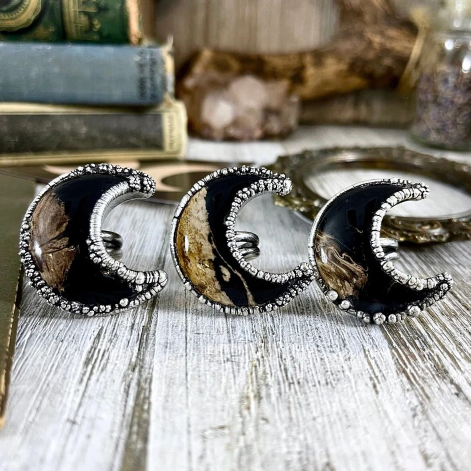 *Foxlark Crystal Jewelry *Crescent Moon Fossilized Palm Root Ring ·