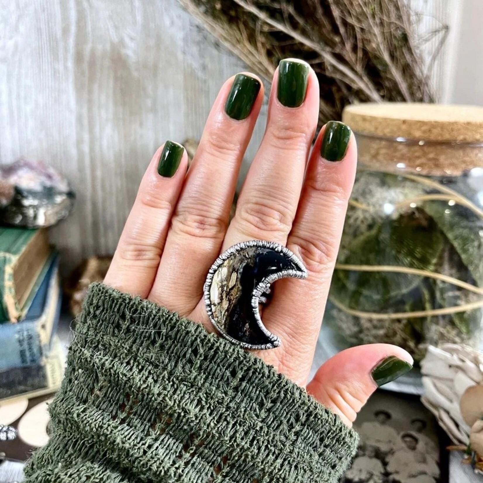 *Foxlark Crystal Jewelry *Crescent Moon Fossilized Palm Root Ring ·