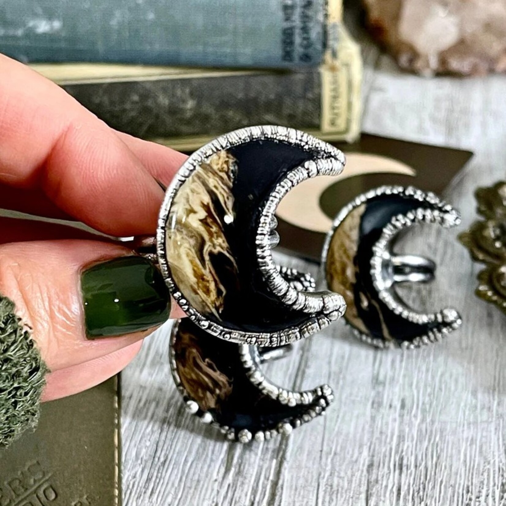 *Foxlark Crystal Jewelry *Crescent Moon Fossilized Palm Root Ring ·