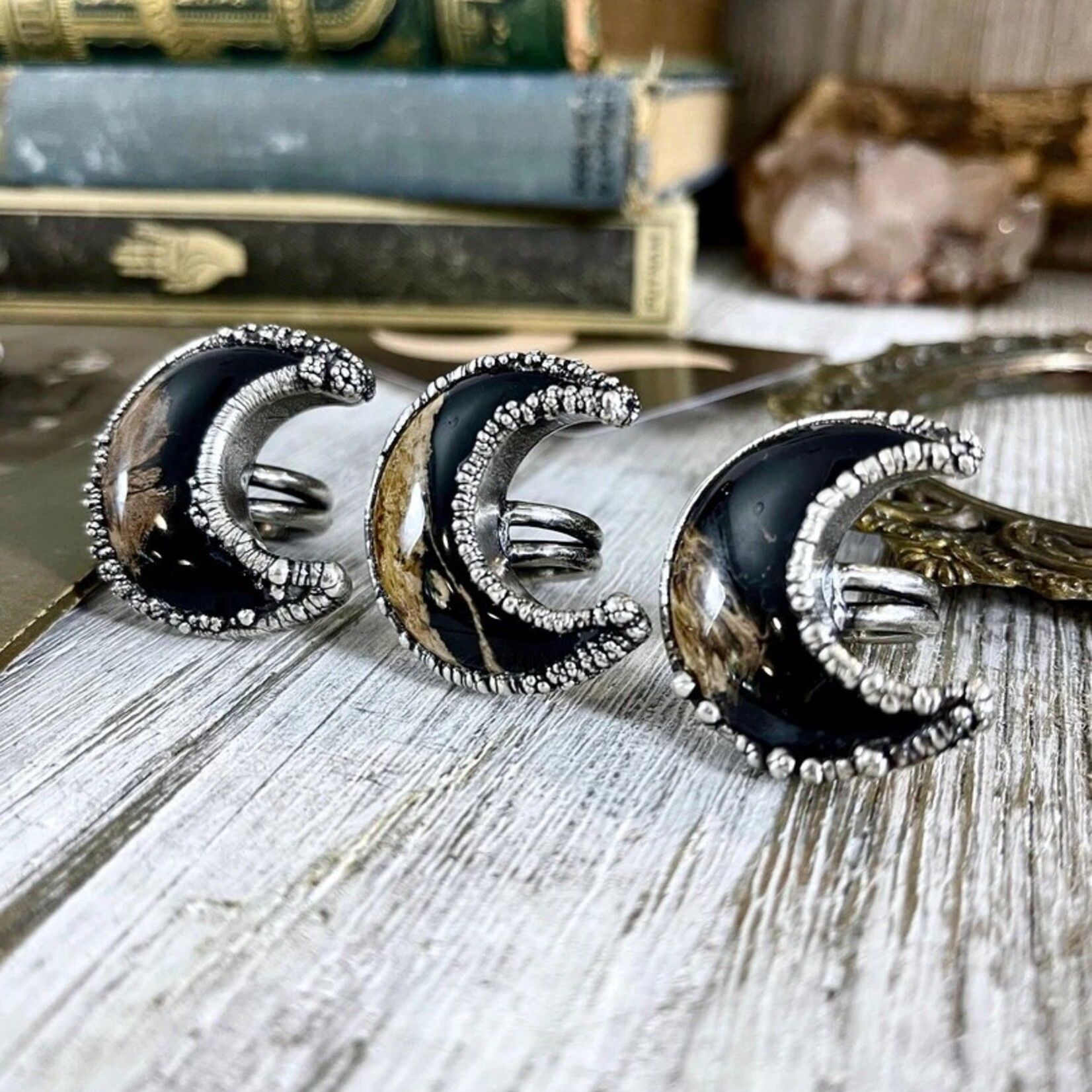 *Foxlark Crystal Jewelry *Crescent Moon Fossilized Palm Root Ring ·