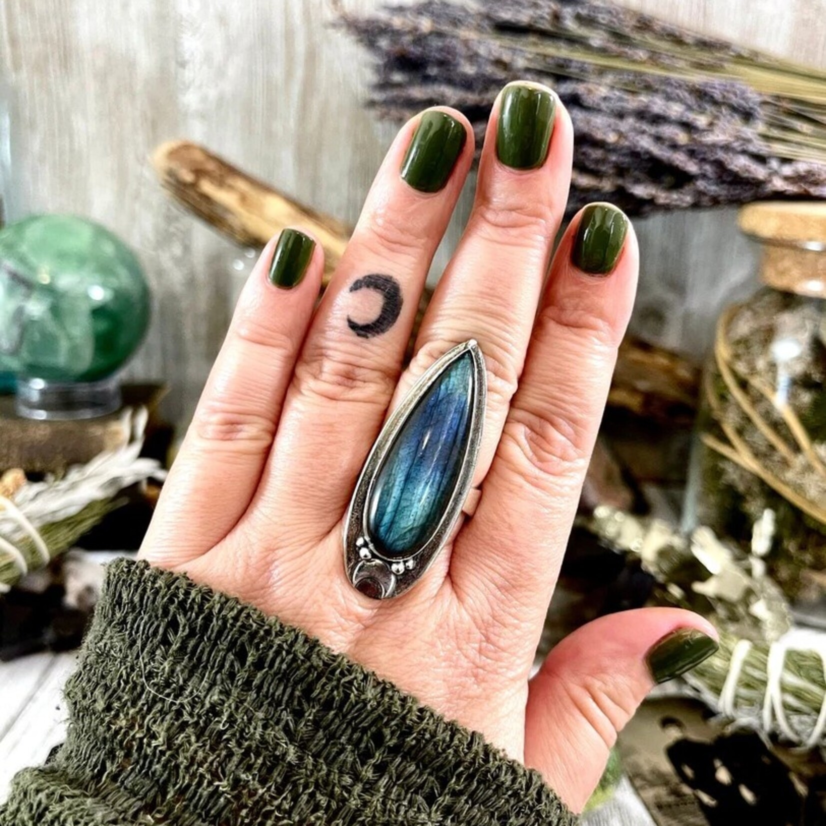 *Foxlark Crystal Jewelry *Labradorite Magic Moon Crystal Ring · Sterling Silver · Adjustable