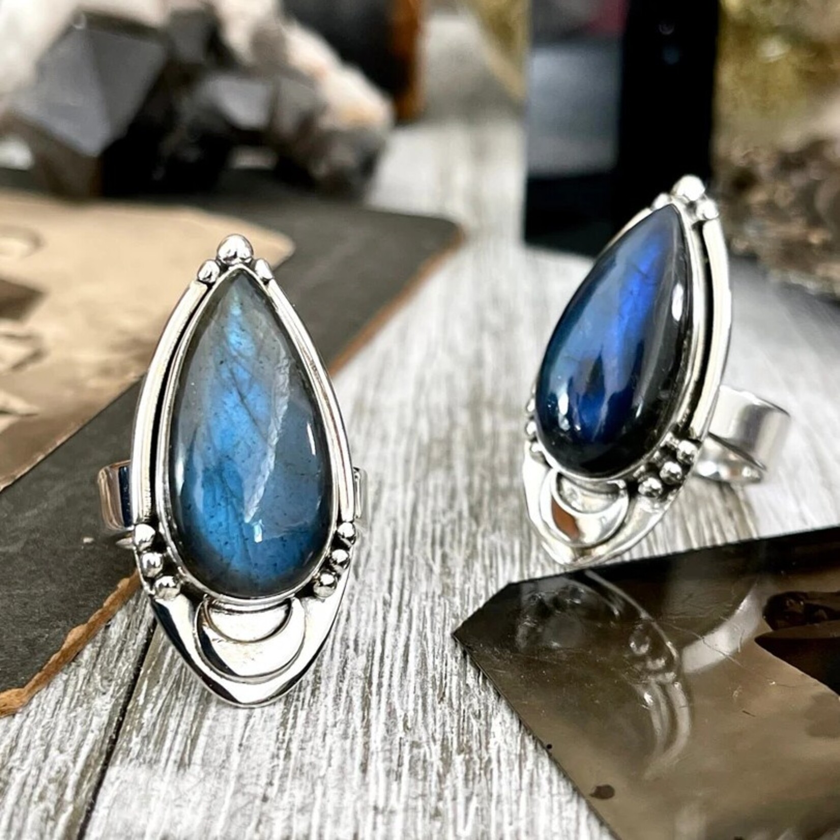 *Foxlark Crystal Jewelry *Labradorite Midnight Moon Ring · Sterling Silver · Adjustable