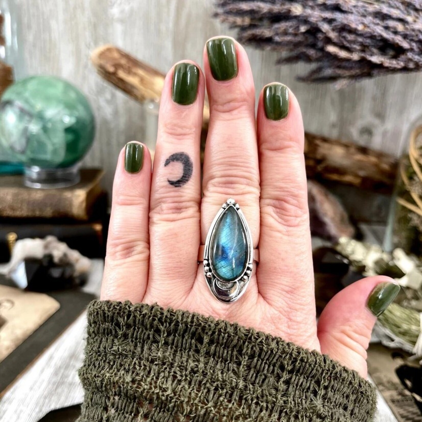 *Foxlark Crystal Jewelry *Labradorite Midnight Moon Ring · Sterling Silver · Adjustable