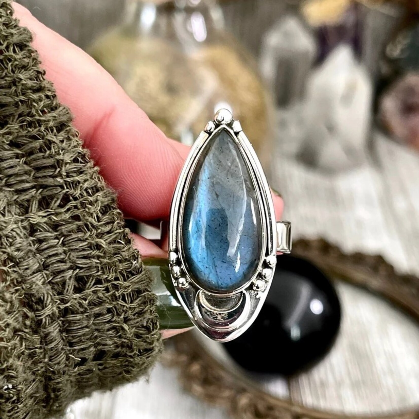*Foxlark Crystal Jewelry *Labradorite Midnight Moon Ring · Sterling Silver · Adjustable