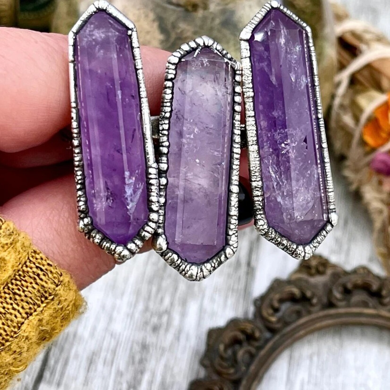 *Foxlark Crystal Jewelry Purple Amethyst Crystal Point Ring · Fine Silver ·