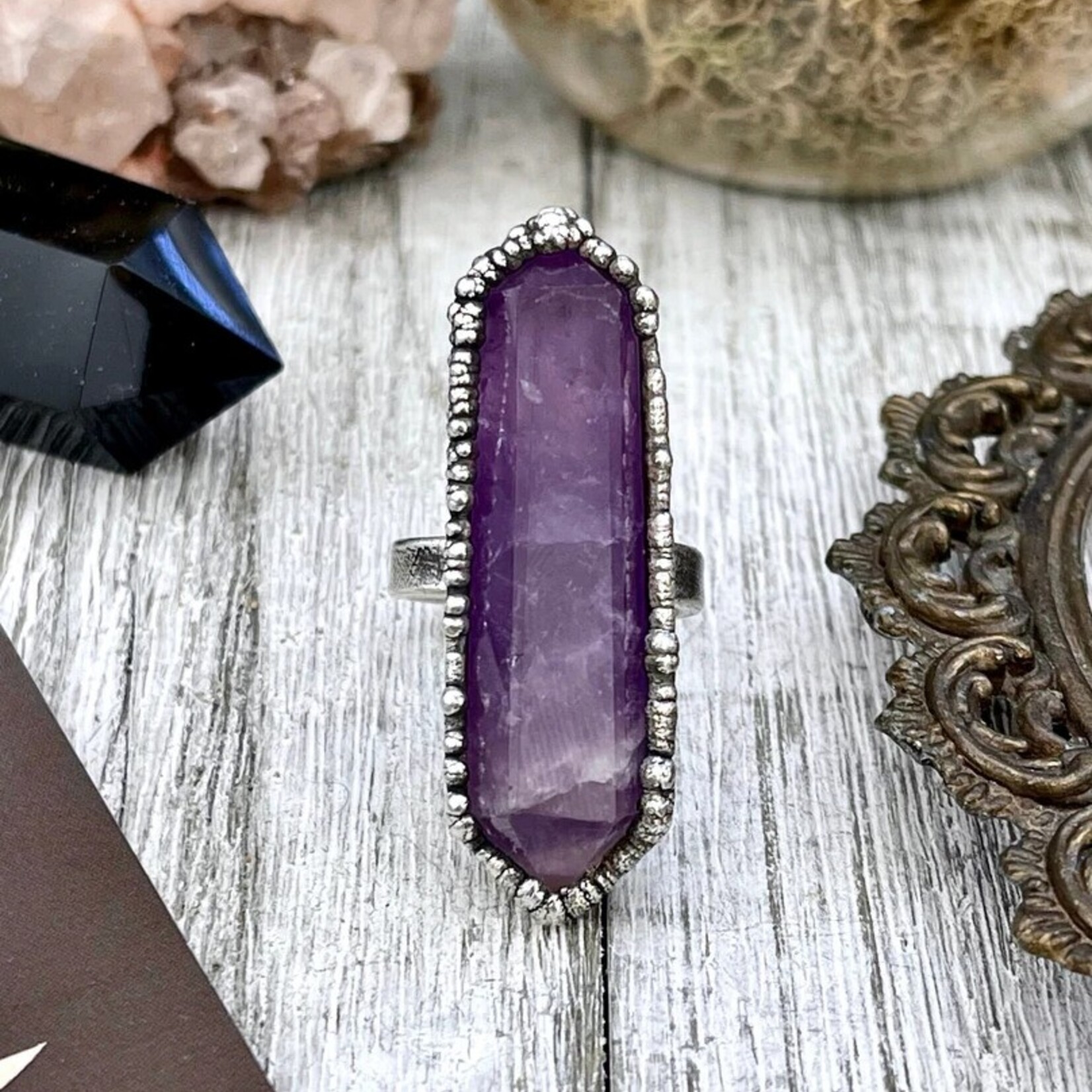 *Foxlark Crystal Jewelry Purple Amethyst Crystal Point Ring · Fine Silver ·