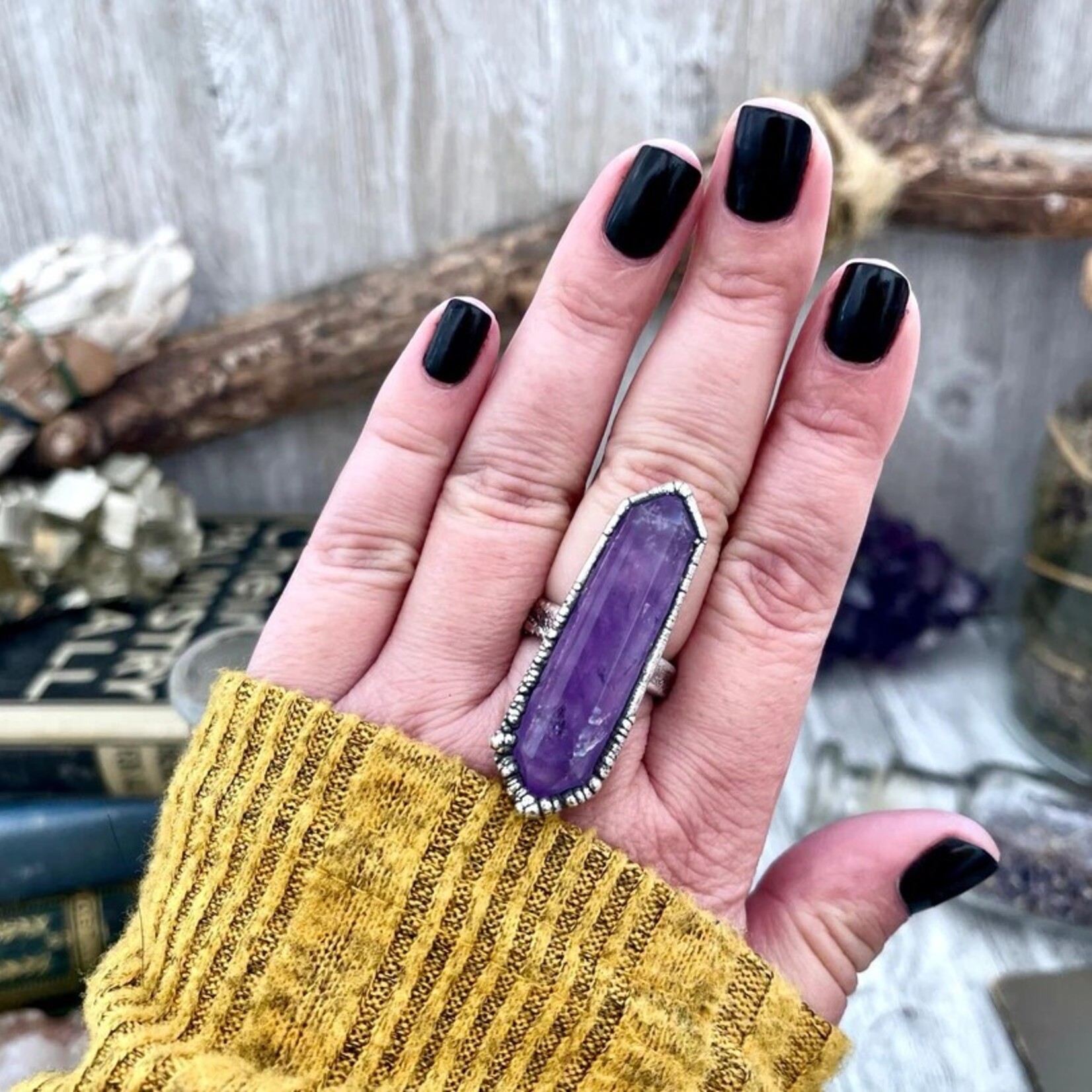 *Foxlark Crystal Jewelry Purple Amethyst Crystal Point Ring · Fine Silver ·