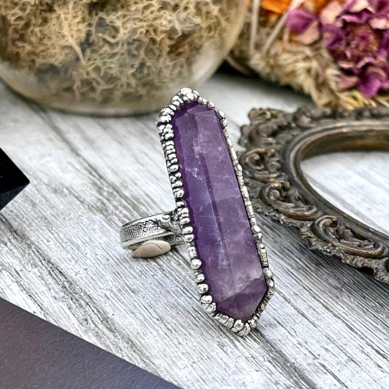 *Foxlark Crystal Jewelry Purple Amethyst Crystal Point Ring · Fine Silver ·
