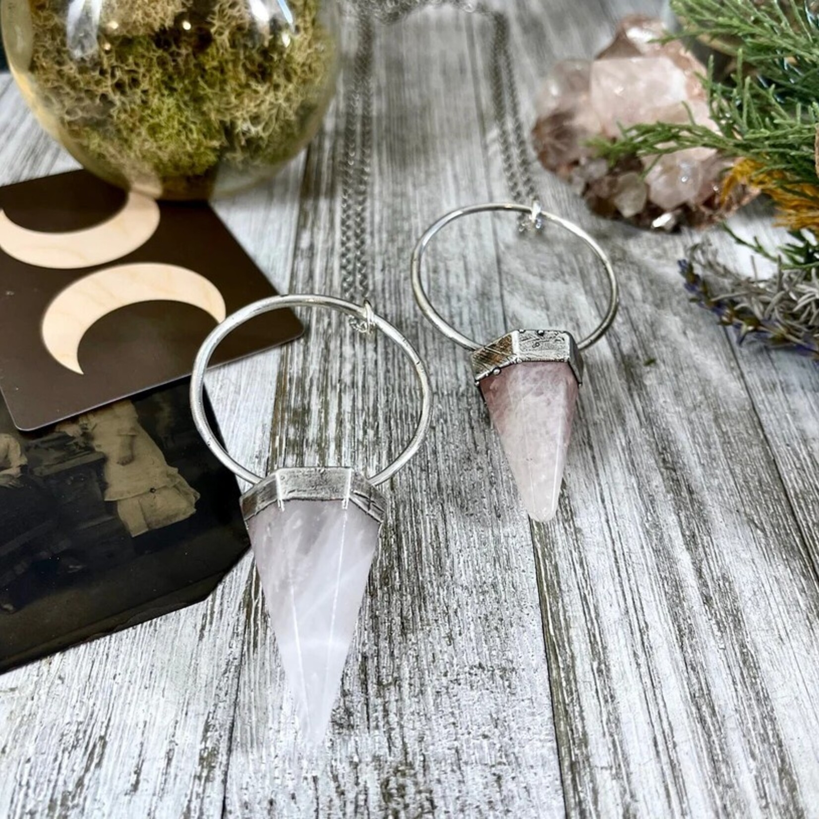 *Foxlark Crystal Jewelry *Rose Quartz Crystal Pendulum Necklace Pendant · Fine Silver
