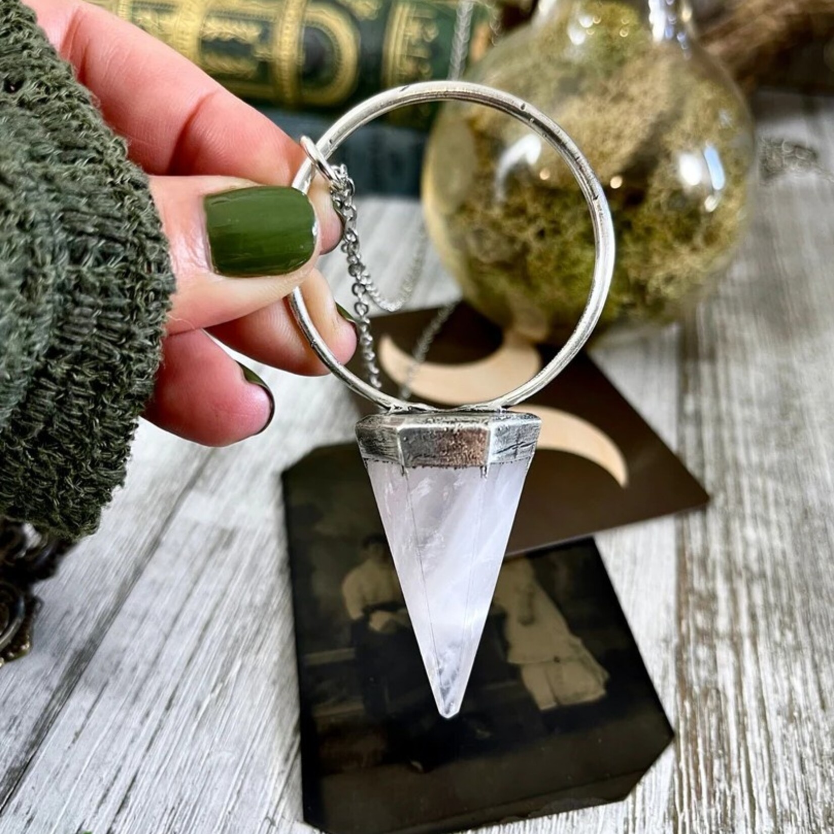 *Foxlark Crystal Jewelry *Rose Quartz Crystal Pendulum Necklace Pendant · Fine Silver