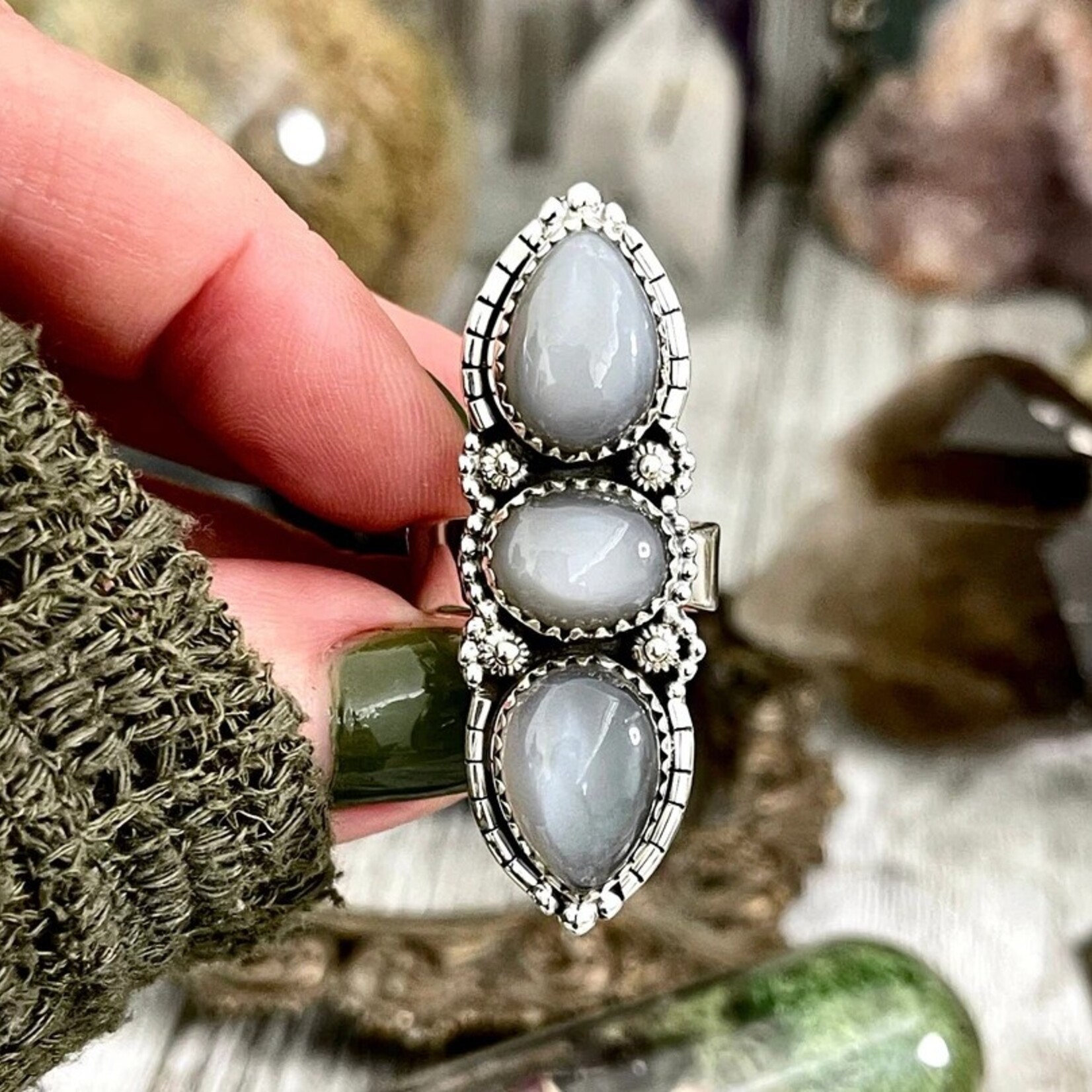 *Foxlark Crystal Jewelry *Three Stone Grey Moonstone Ring · Sterling Silver · Adjustable