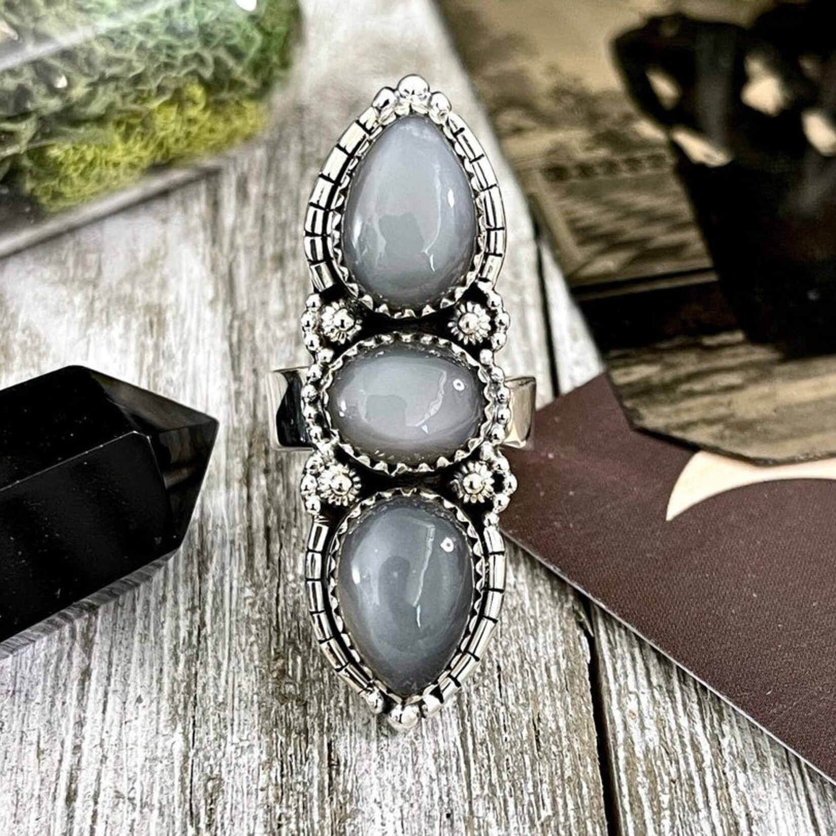 *Foxlark Crystal Jewelry *Three Stone Grey Moonstone Ring · Sterling Silver · Adjustable