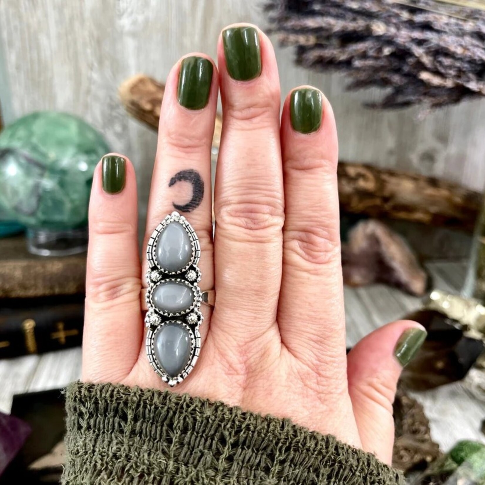 *Foxlark Crystal Jewelry *Three Stone Grey Moonstone Ring · Sterling Silver · Adjustable