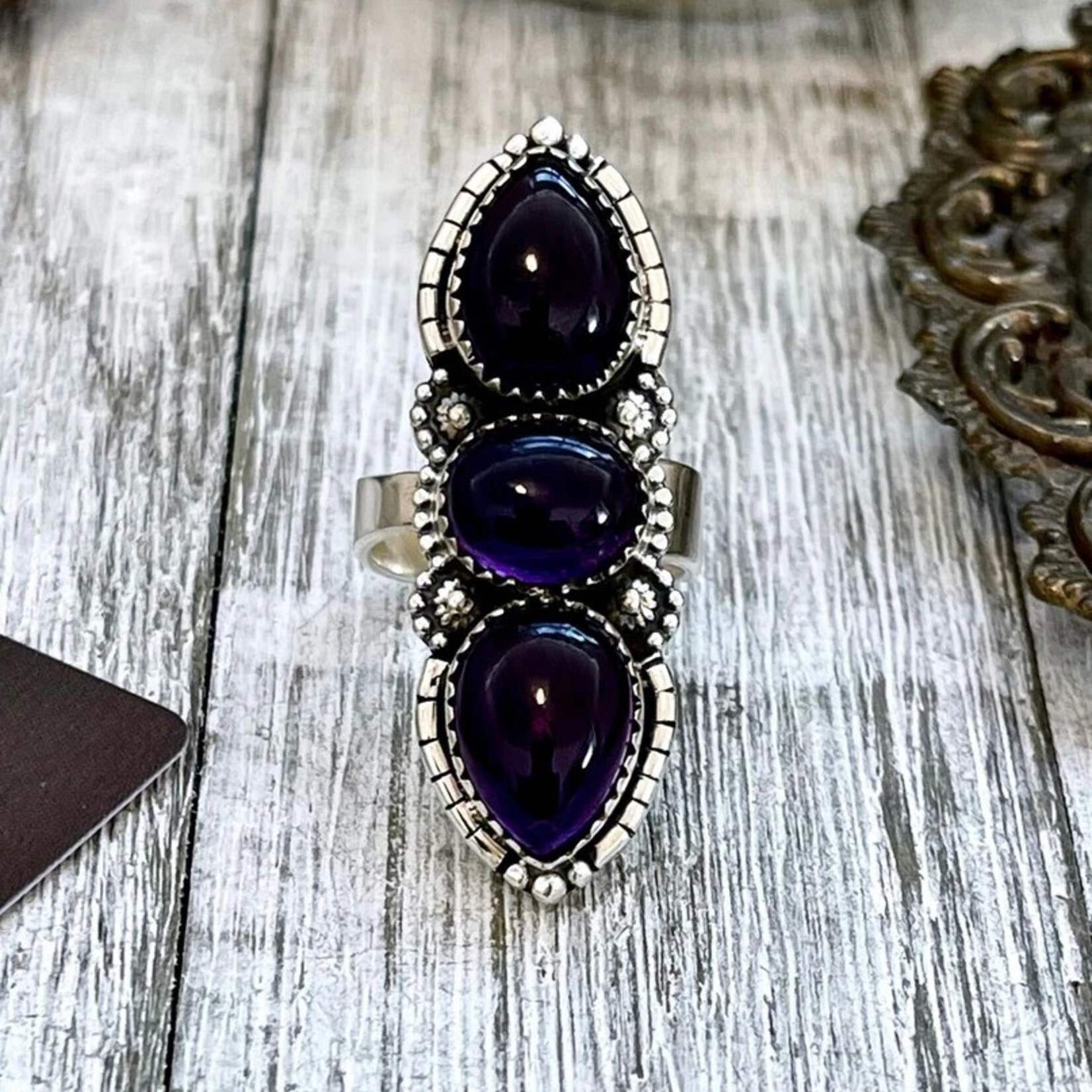 *Foxlark Crystal Jewelry *Three Stone Amethyst Crystal Ring · Sterling Silver · Adjustable