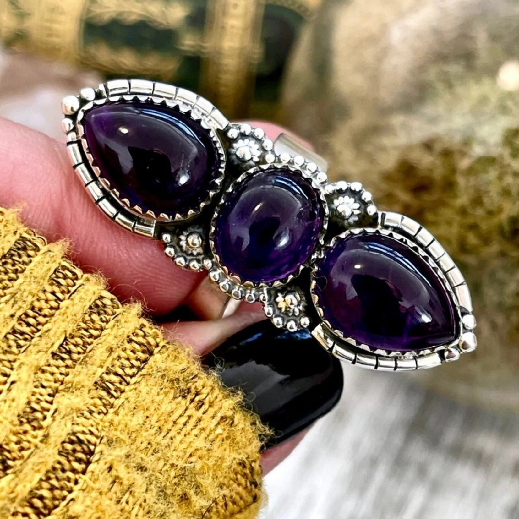 *Foxlark Crystal Jewelry *Three Stone Amethyst Crystal Ring · Sterling Silver · Adjustable